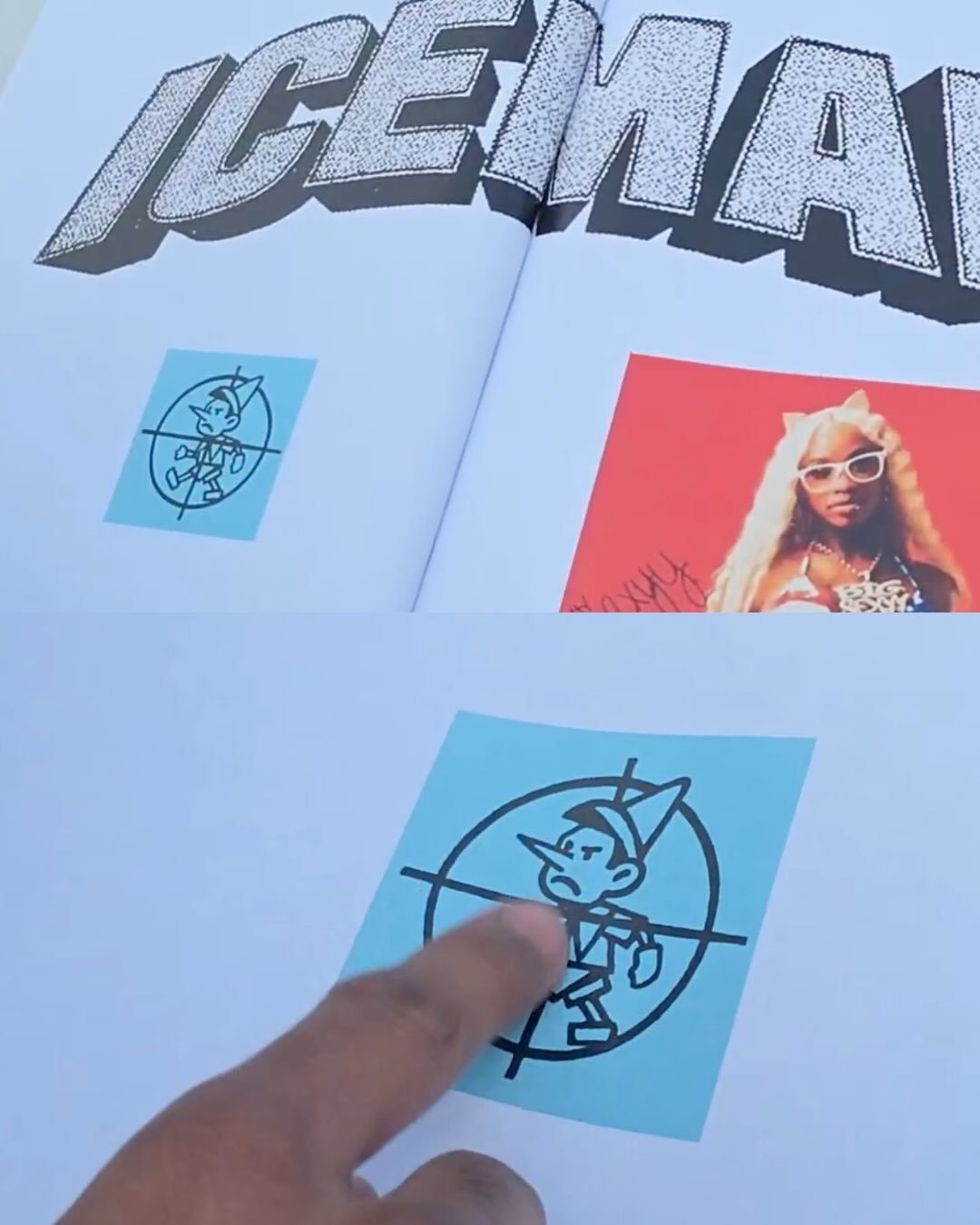 Drake Iceman concept art book page showing Pinocchio in sniper scope crosshair next to Sexyy Red portrait, found inside Toronto ice structure April 2026