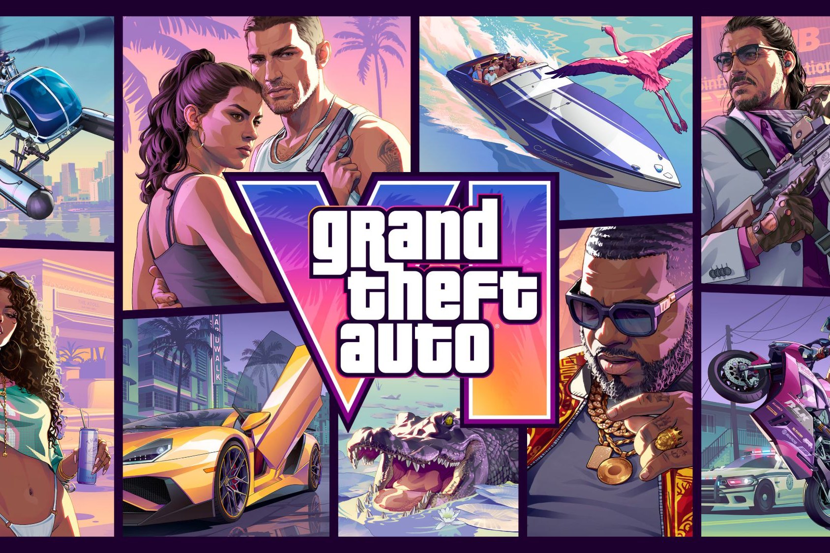 Grand Theft Auto VI key art collage for Leonida, the setting whose radio stations carry the game’s music