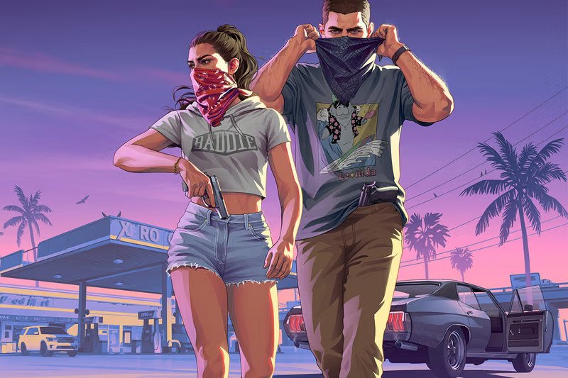 Grand Theft Auto VI key art of Jason and Lucia outside a Leonida gas station