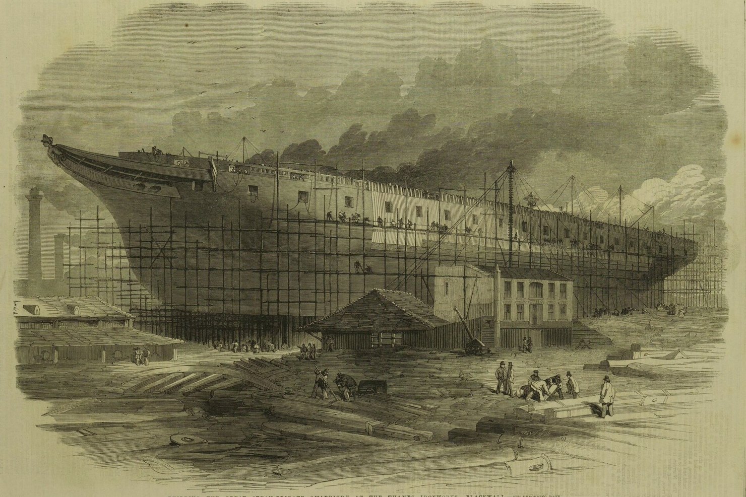 An 1860 Illustrated London News engraving of HMS Warrior under construction in scaffolding at the Thames Ironworks, Blackwall