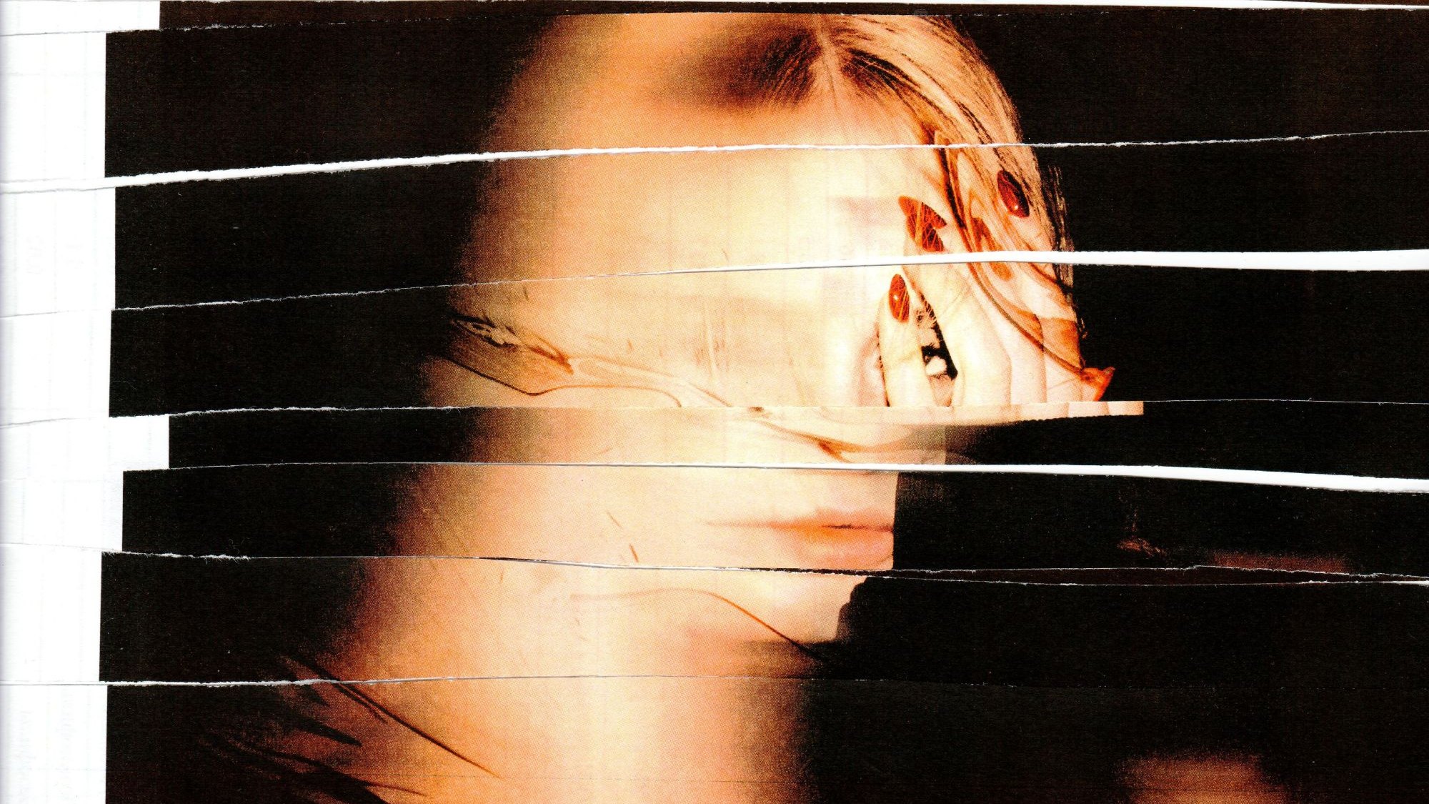 Torn-strip collage portrait of Angelina Gorgaeva, founder and creative director of Dance.Film.Performance, from a DFP visual campaign