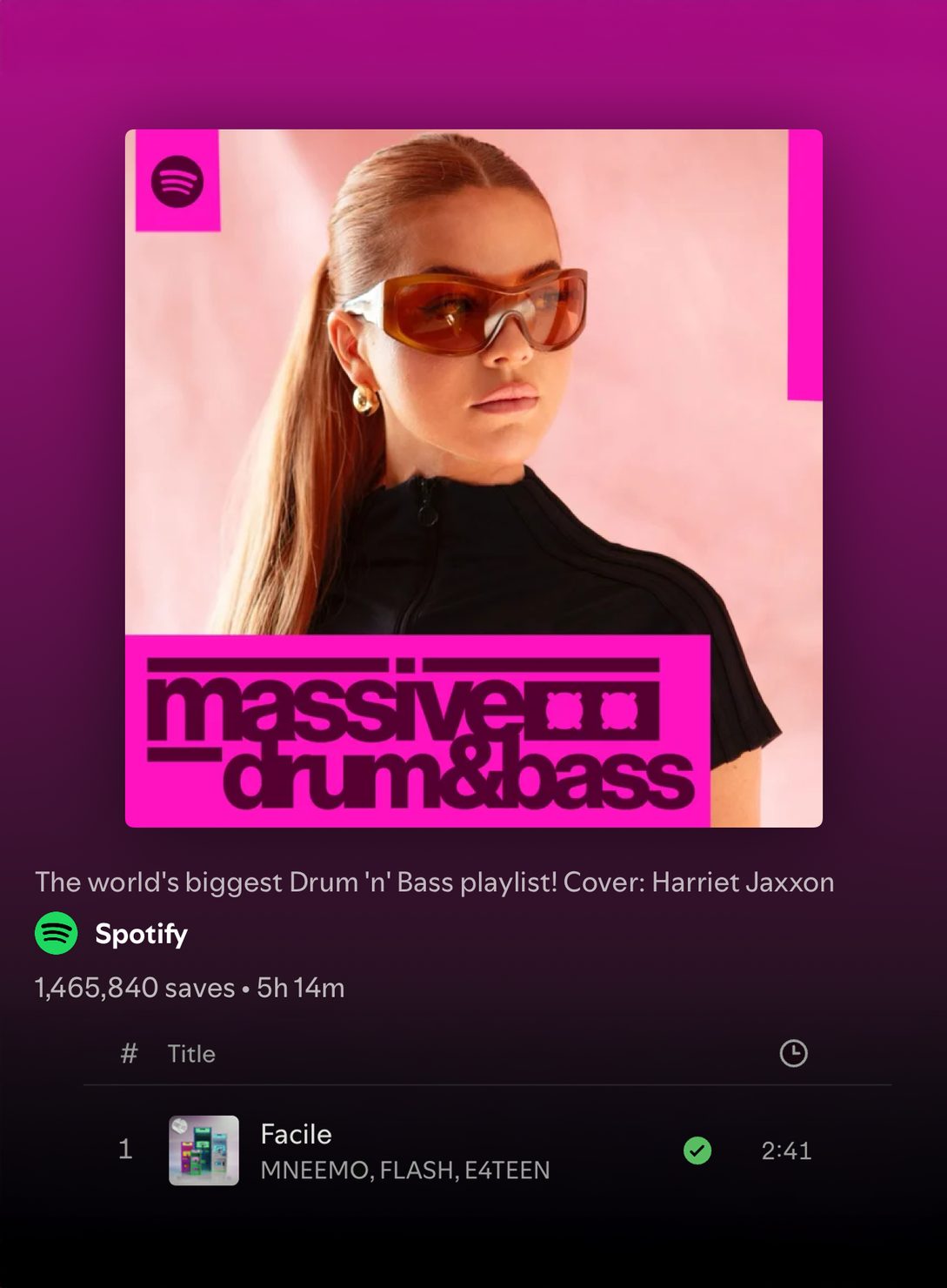 Facile listed in the Spotify Massive Drum and Bass playlist
