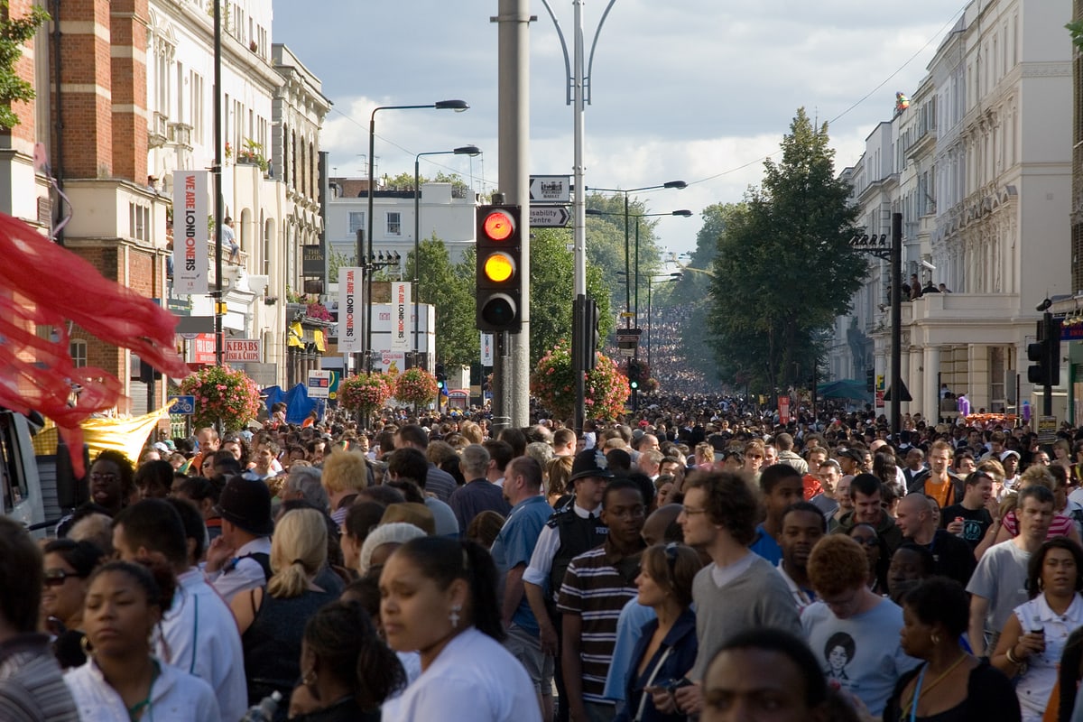 Crowds filling a west London street during Notting Hill Carnival