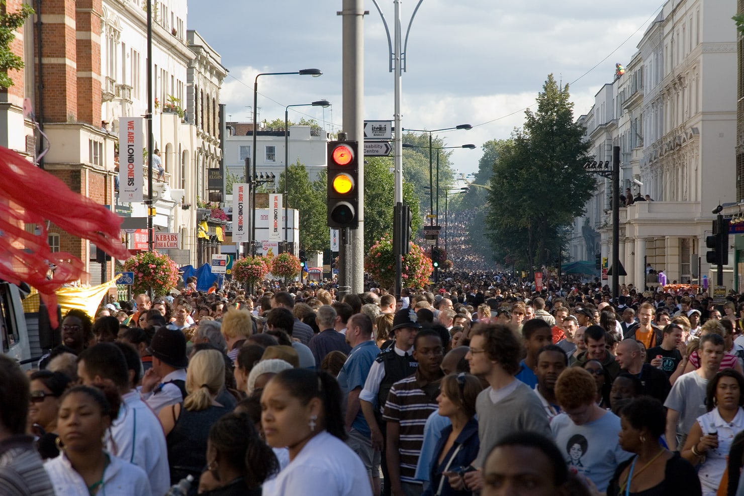 Crowds filling a west London street during Notting Hill Carnival