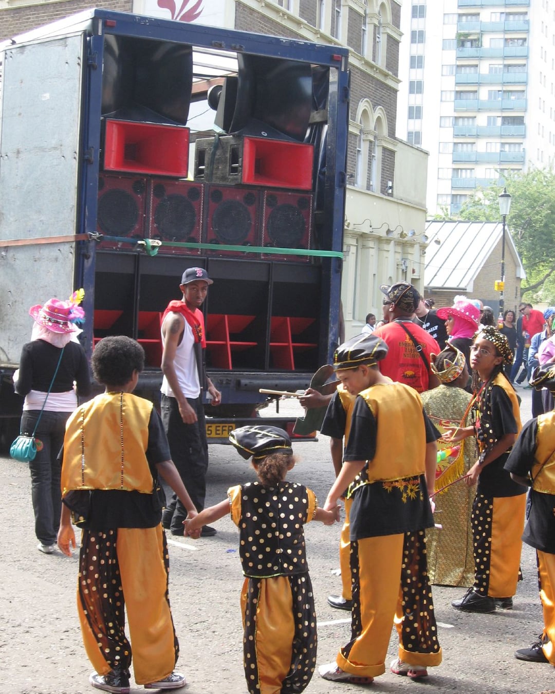 A sound system rig loaded into the back of a truck at Notting Hill Carnival