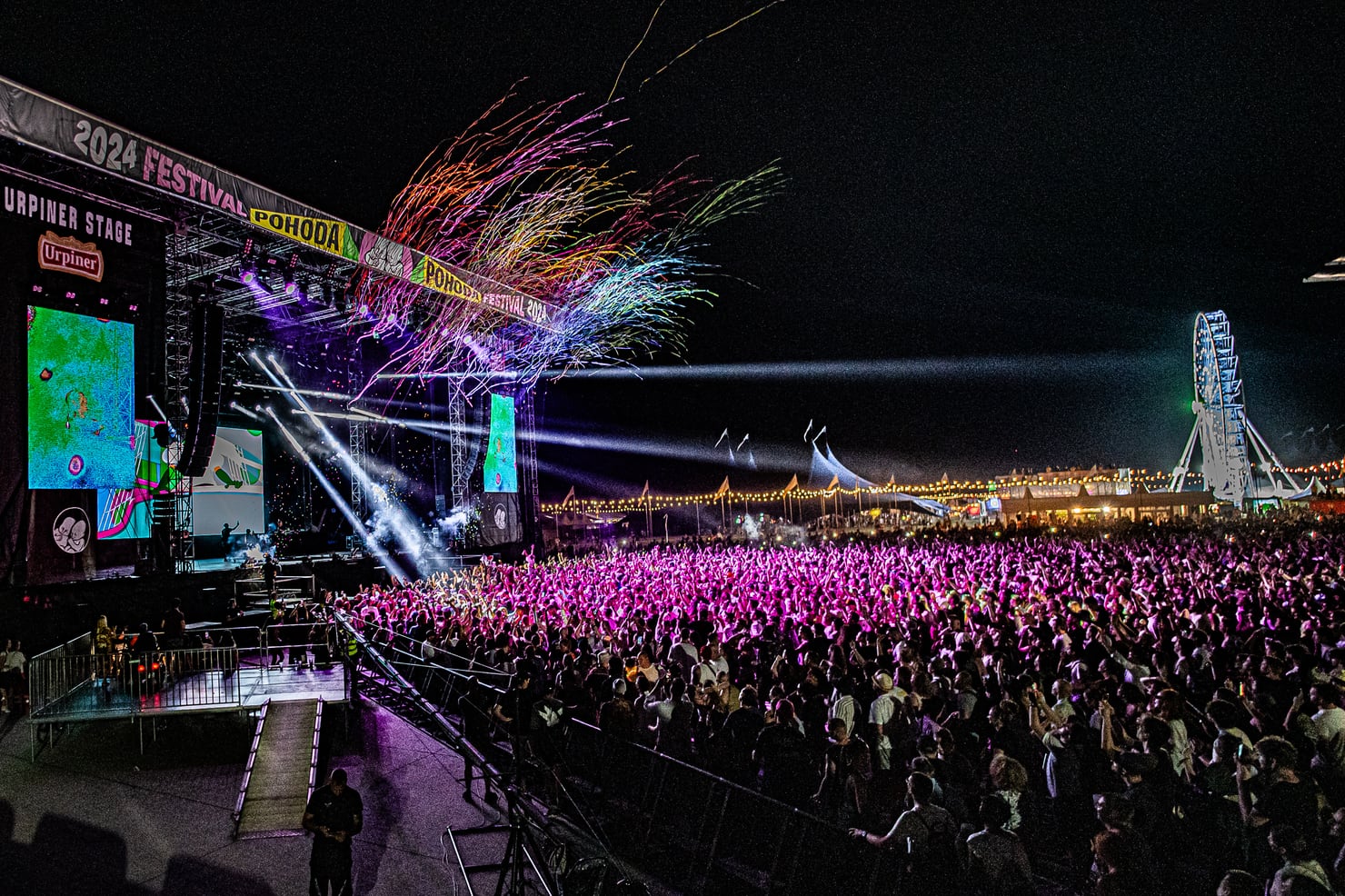 Peggy Gou on the festival main stage at Pohoda 2024, pyrotechnics over the crowd