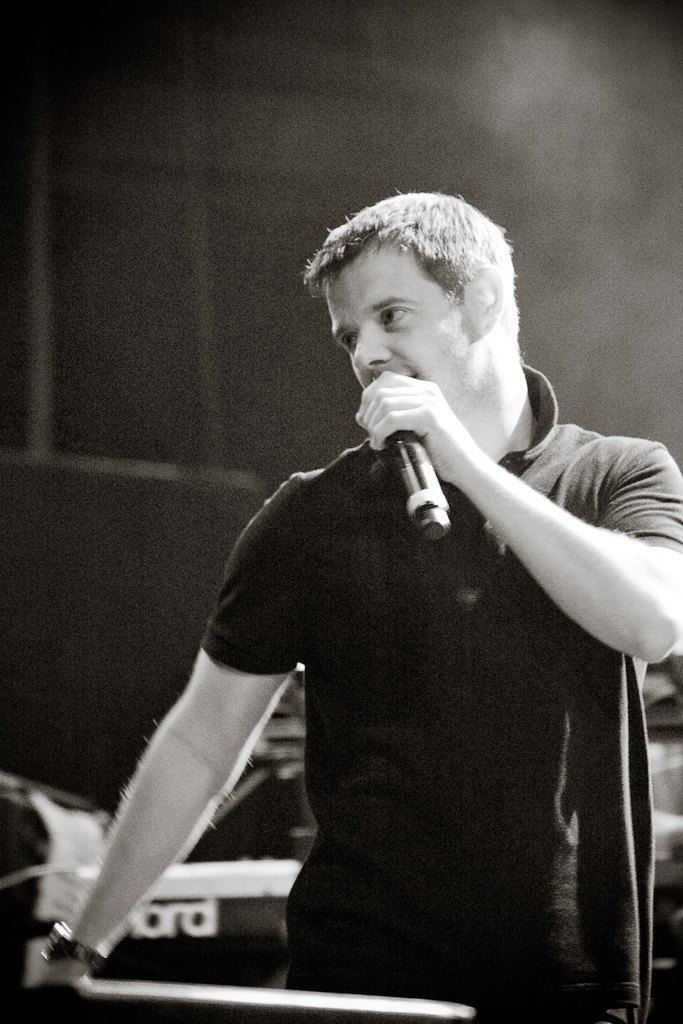 Mike Skinner of The Streets performing live on stage at Parklife festival in Sydney, 2011, microphone in hand