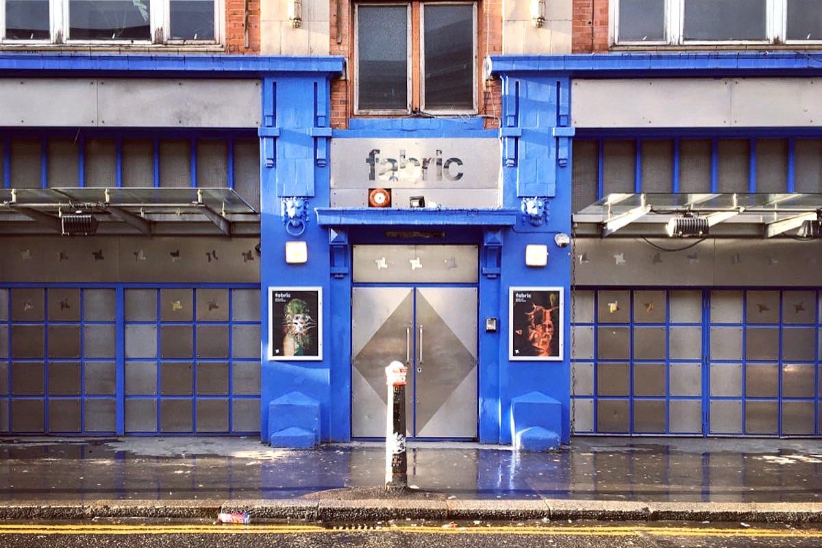 The blue frontage of fabric nightclub in Farringdon, London